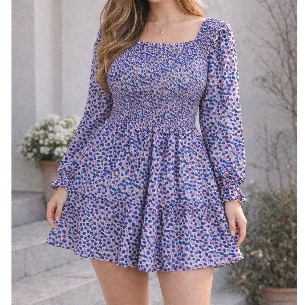 Kirundo Mini Dress Smocked Floral Berry Print Blue Pink Size XL Cottagecore Boho
